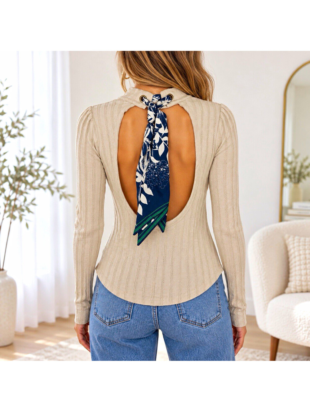 Free People Women’s M Beige Ribbed Knit Mock Neck Long Sleeve Open Back Tie Top